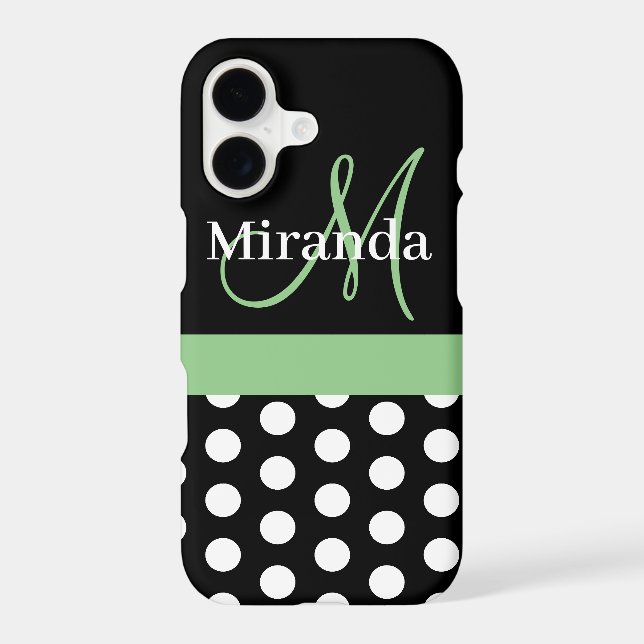 Black White Green Monogram Script Polka Dots (Back)