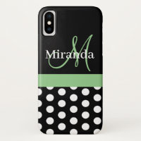 Black White Green Monogram Script Polka Dots