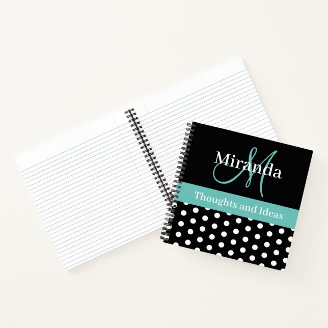 Black White Green Monogram Script Polka Dots Notebook (Inside)