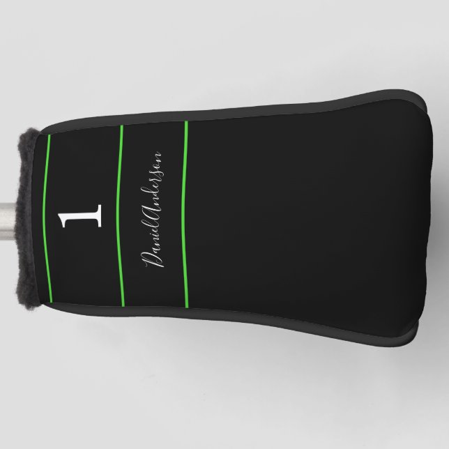 Black white green name number stripes script golf head cover (Front)