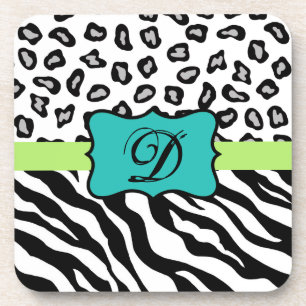 Black White Green & Turquoise Zebra & Cheetah Skin Coaster