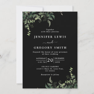 Black White Greenery Botanical Watercolor Wedding Invitation