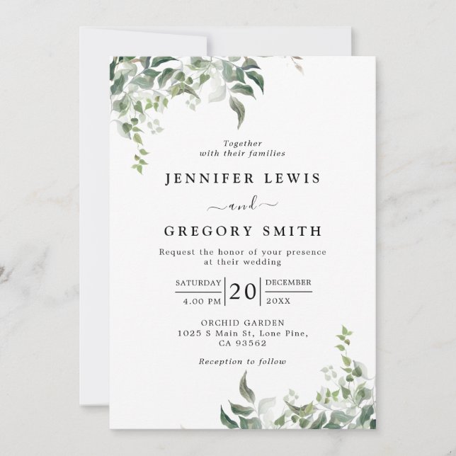 Black White Greenery Botanical Watercolor Wedding Invitation (Front)