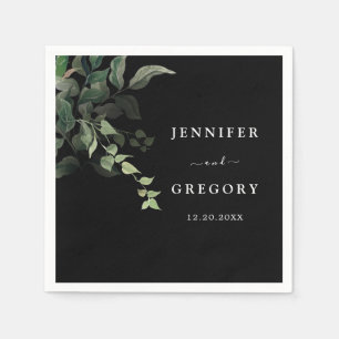 Black White Greenery Botanical Watercolor Wedding Napkin