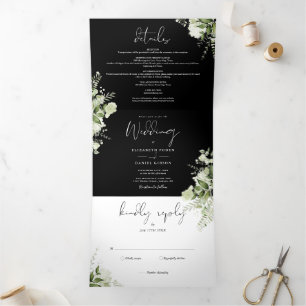 Black White Greenery Floral Photo Wedding Tri-Fold Invitation