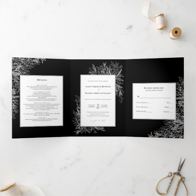 Black White Greenery Wedding Tri-Fold Invitation (Inside)