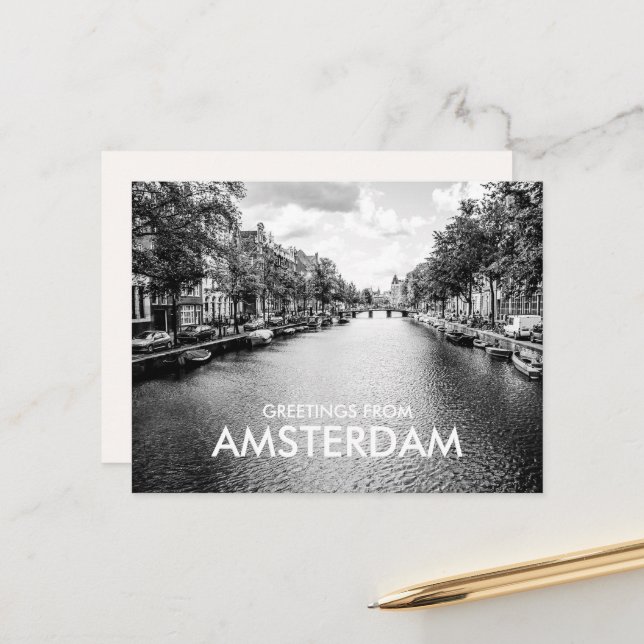 Black & White Greetings from Amsterdam Postcard (Front/Back In Situ)