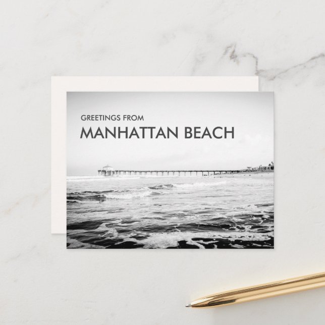 Black & White Greetings from Manhattan Beach Postcard (Front/Back In Situ)