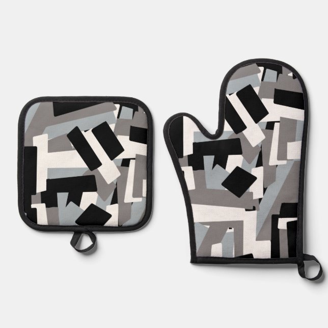 Black White Grey Abstract Geometric Patches Oven Mitt & Pot Holder Set (Front)