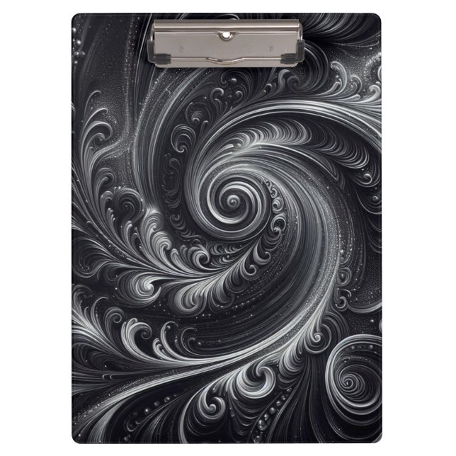 Black White Grey Abstract Modern Simple Swirl Clipboard (Front)