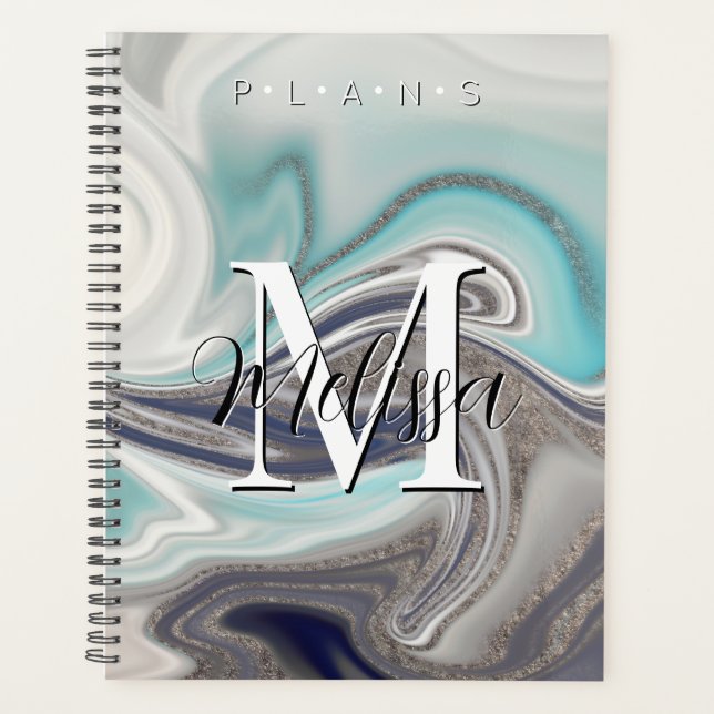 Black White Grey Aqua Monogram Abstract Planner (Front)