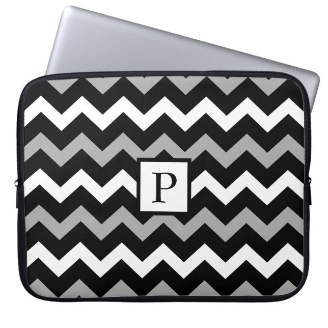 Black White & Grey Chevron Print Pattern Laptop Sleeve (Front)