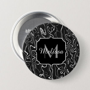 Black white grey damascus abstract swirls Monogram 7.5 Cm Round Badge