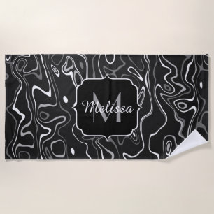 Black white grey damascus abstract swirls Monogram Beach Towel