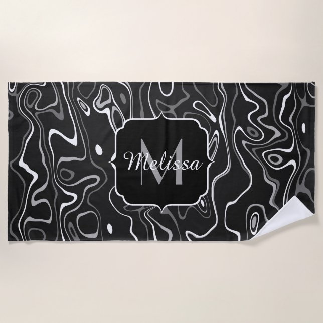Black white grey damascus abstract swirls Monogram Beach Towel (Front)