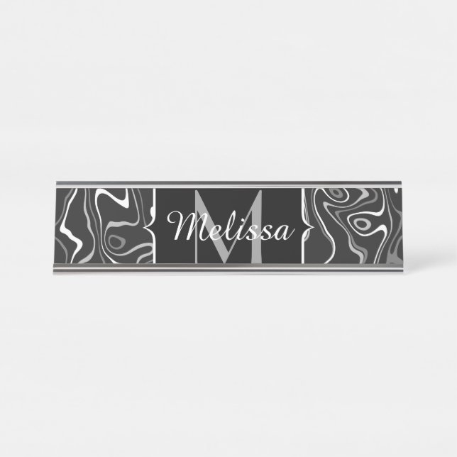 Black white grey damascus abstract swirls Monogram Desk Name Plate (Front)