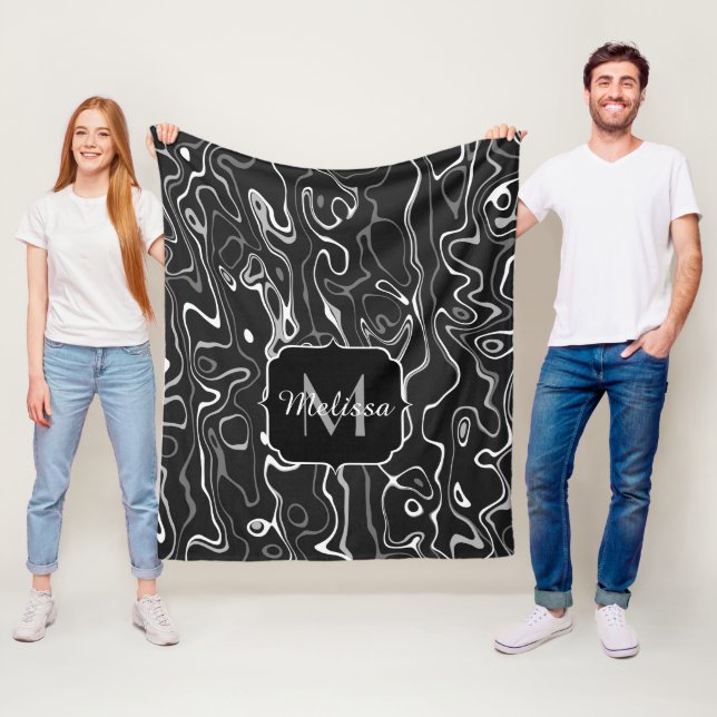 Black white grey damascus abstract swirls Monogram Fleece Blanket (In Situ)