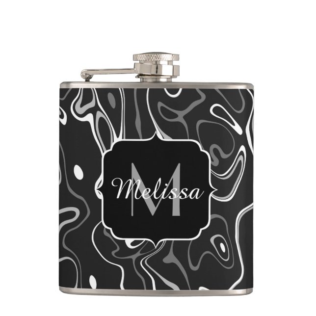 Black white grey damascus abstract swirls Monogram Hip Flask (Front)