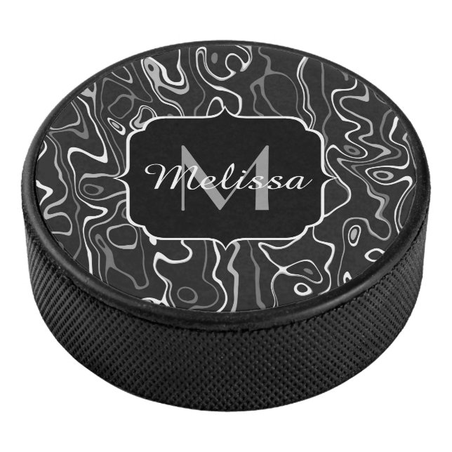 Black white grey damascus abstract swirls Monogram Hockey Puck (3/4)