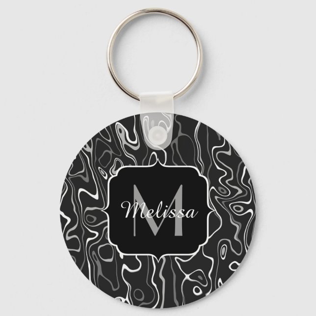 Black white grey damascus abstract swirls Monogram Key Ring (Front)