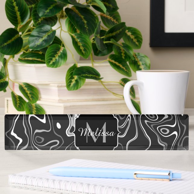 Black white grey damascus abstract swirls Monogram Nameplate