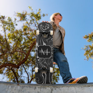 Black white grey damascus abstract swirls Monogram Skateboard
