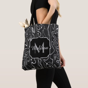 Black white grey damascus abstract swirls Monogram Tote Bag