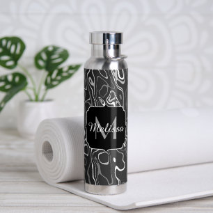 Black white grey damascus abstract swirls Monogram Water Bottle