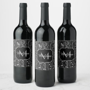 Black white grey damascus abstract swirls Monogram Wine Label