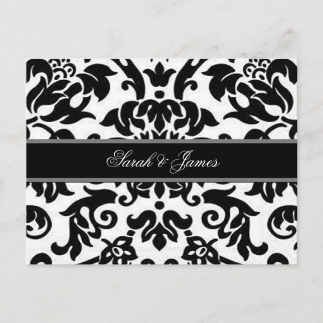 Black white & grey damask Wedding RSVP Invitation Postcard (Front)