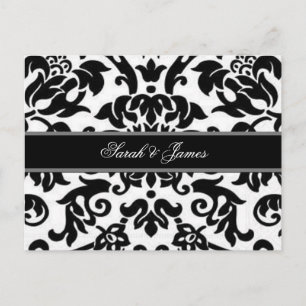 Black white & grey damask Wedding RSVP Postcard
