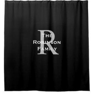 Black White Grey Family Name Monogrammed Shower Curtain