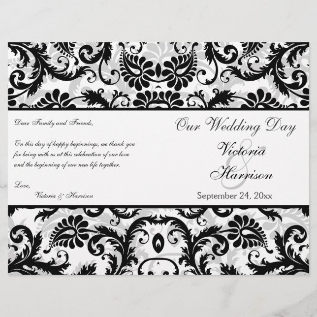 Black, White, Grey Floral Damask Wedding Program (Front)