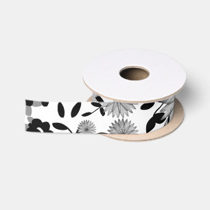 Black White Grey Florals Design Satin Ribbon