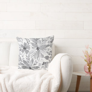 Black, White, Grey Flowers and leaves Cushion