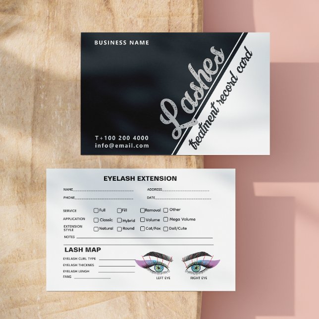 Black White Grey Lash Client Extension Map Business Card (Iridescent Blue Lash Record Extension Map Business Card)