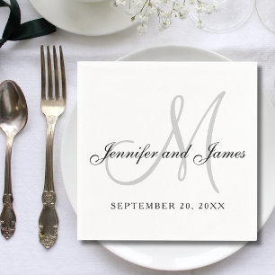 Black White Grey Monogram Elegant Script Wedding Napkin