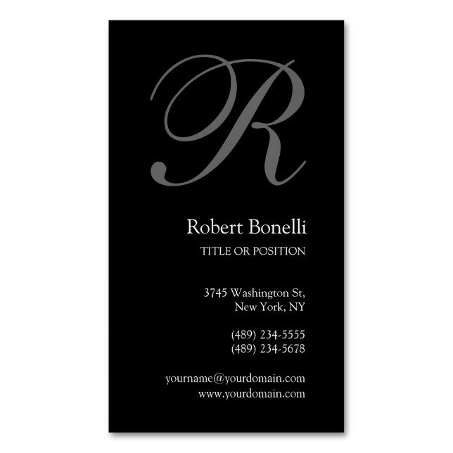 Black White Grey Monogram Minimalist Modern Plain Magnetic Business Card (Front Vertical)