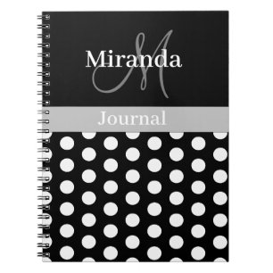 Black White Grey Monogram Script Polka Dot Notebook