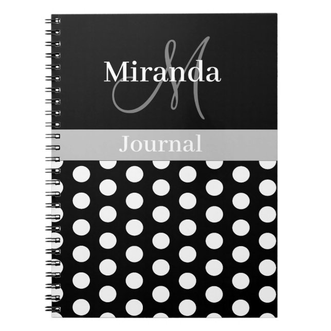 Black White Grey Monogram Script Polka Dot Notebook (Front)