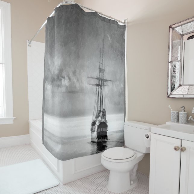 Black White Grey Old Pirate Ship Sailing Boat Shower Curtain (In Situ)