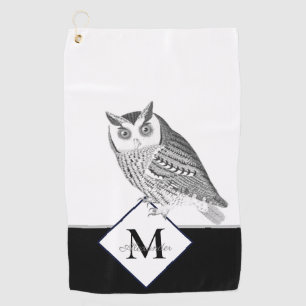 Black White Grey Owl Monogram Name Golf Towel