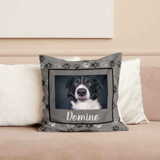 Black White Grey Pet Dog Photo Personalise Paws Cushion (Creator Uploaded)