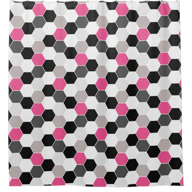 Black White Grey Pink Honeycomb Pattern Shower Curtain (Front)