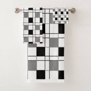 Black White Grey Plaid Tartan Chequered Pattern Bath Towel Set