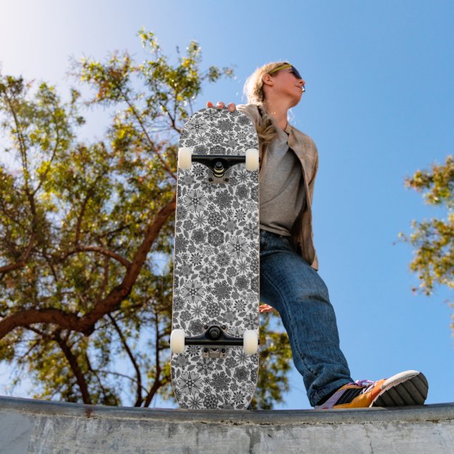 Black White Grey Retro Floral Art Seamless Pattern Skateboard (Outdoor 1)