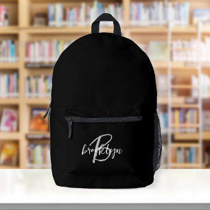 Black White Grey Script Monogram  Printed Backpack
