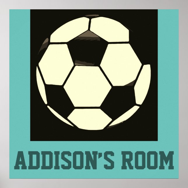 Black White Grey Teal Blue Soccer Ball Custom Name Poster (Front)