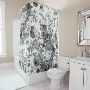 Black & White Grey Tone Vintage Floral Toile No.3 Shower Curtain