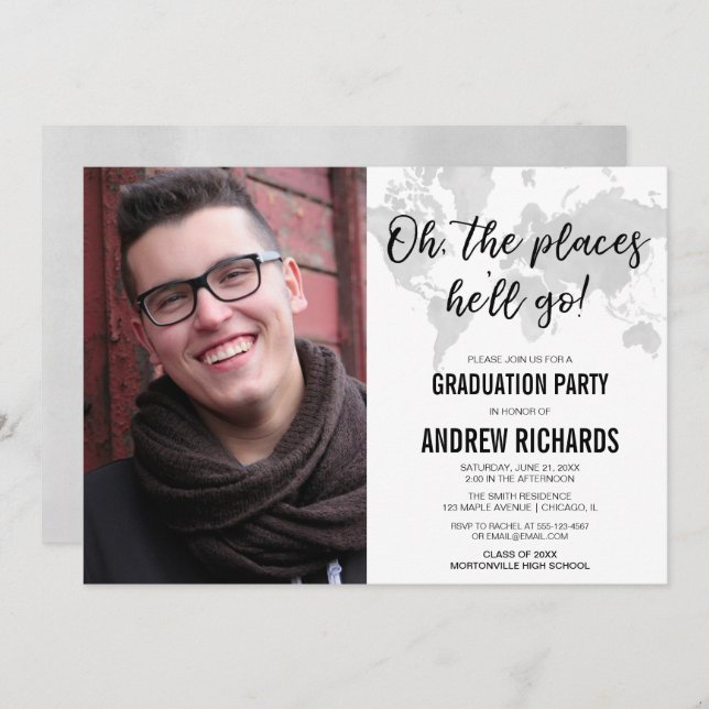 Black white grey travel theme graduation photo invitation (Front/Back)